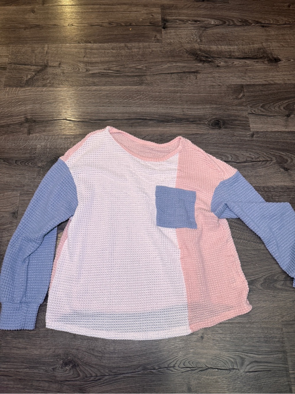 Colorblock Waffle Knit Top - Pink, White & Blue